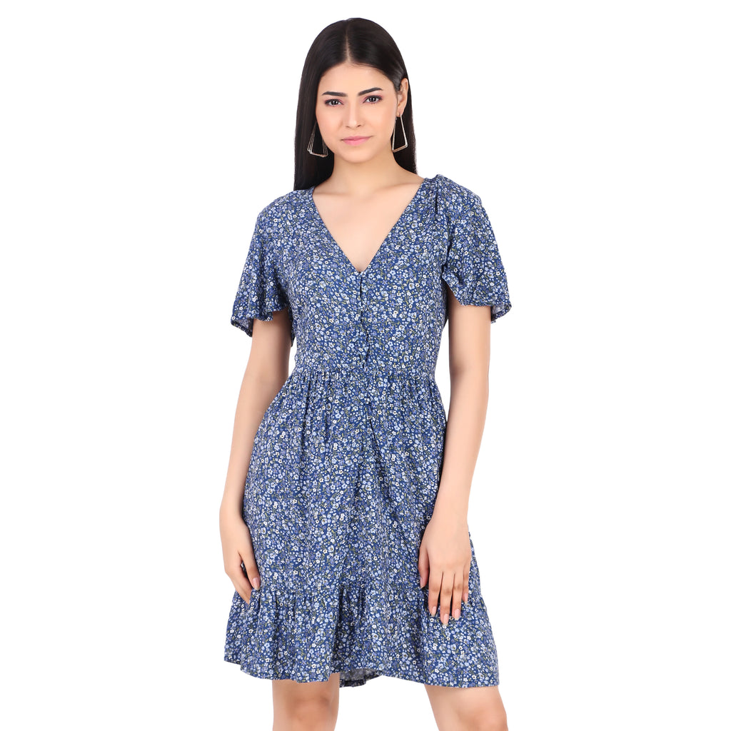 Blue Floral V-Neck Fit & Flare Mini Dress
