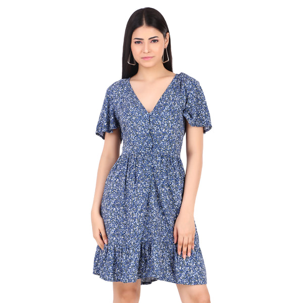 Blue Floral V-Neck Fit & Flare Mini Dress