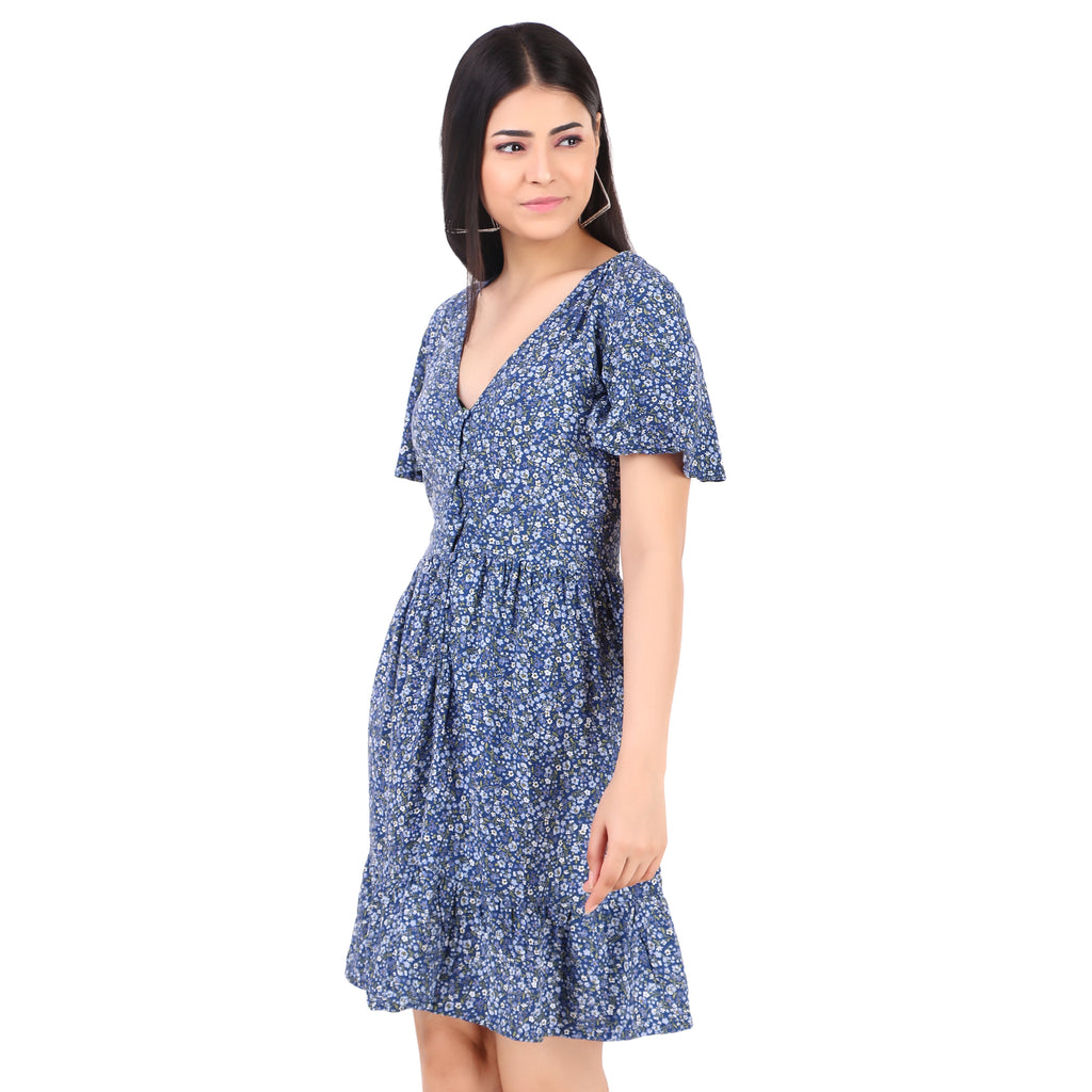 Blue Floral V-Neck Fit & Flare Mini Dress