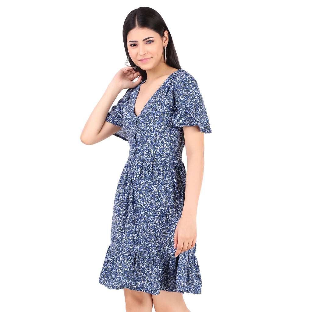 Blue Floral V-Neck Fit & Flare Mini Dress