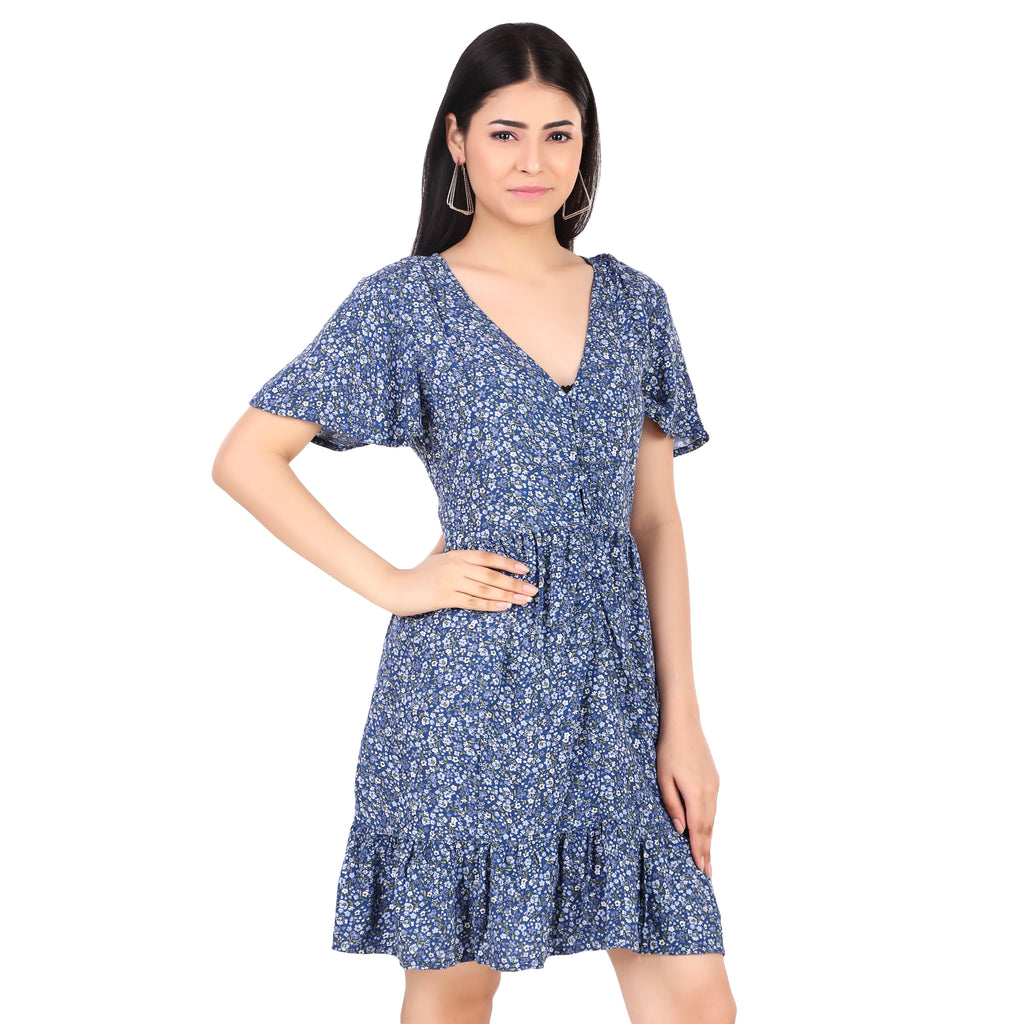 Blue Floral V-Neck Fit & Flare Mini Dress