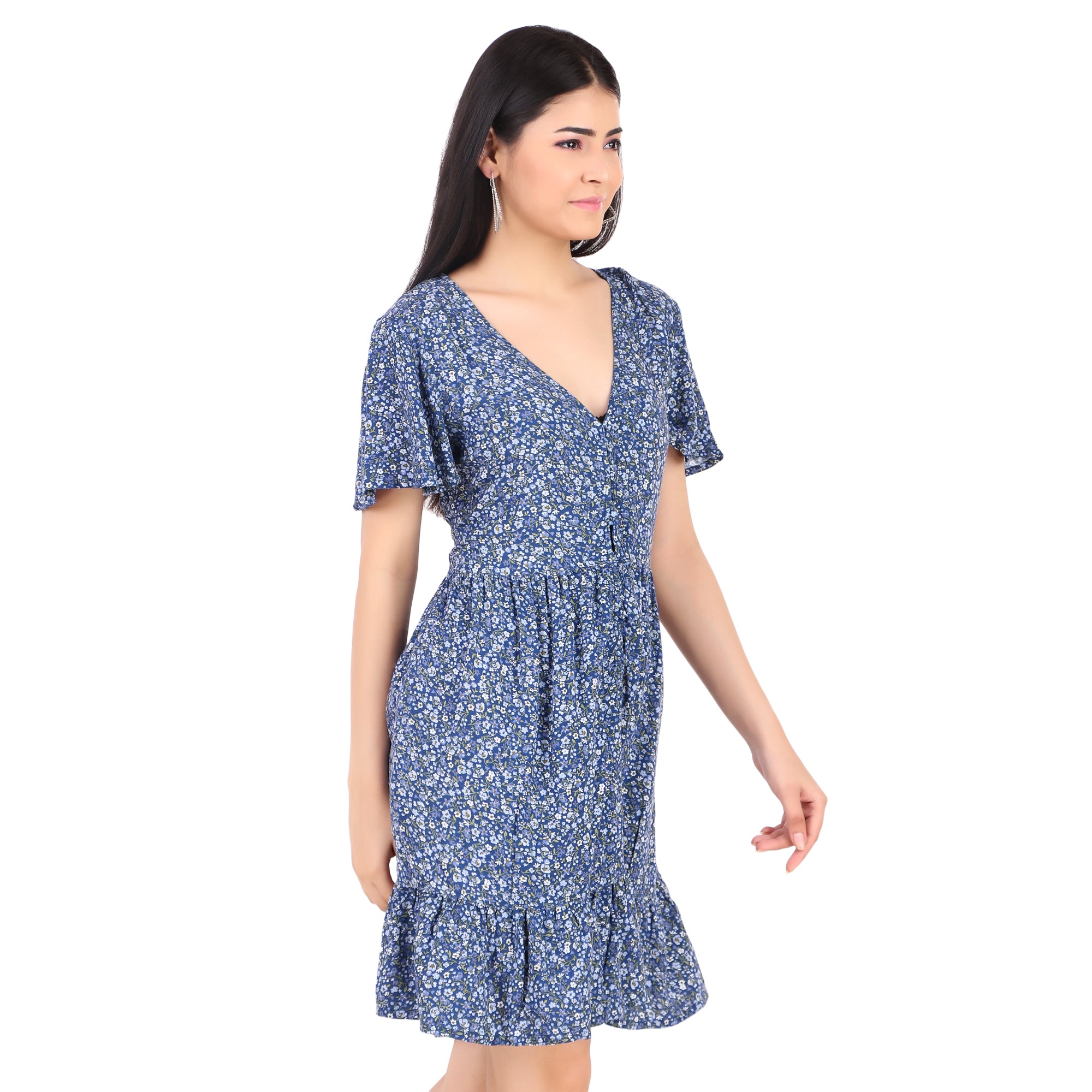Blue Floral V-Neck Fit & Flare Mini Dress