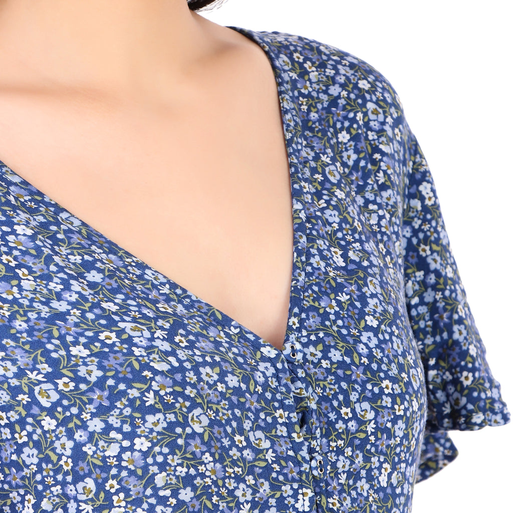 Blue Floral V-Neck Fit & Flare Mini Dress