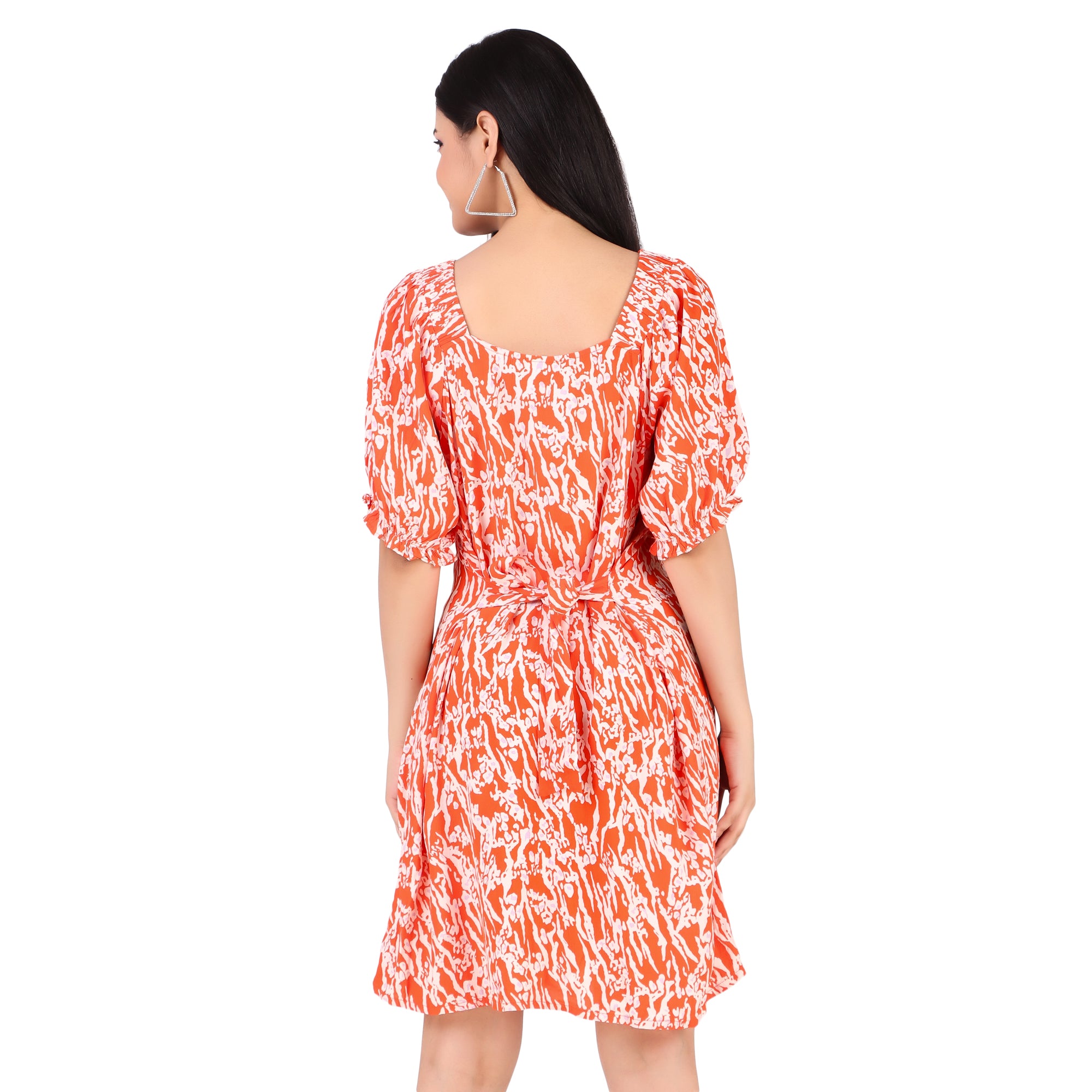 Orange Abstract Print Puff Sleeve Dress