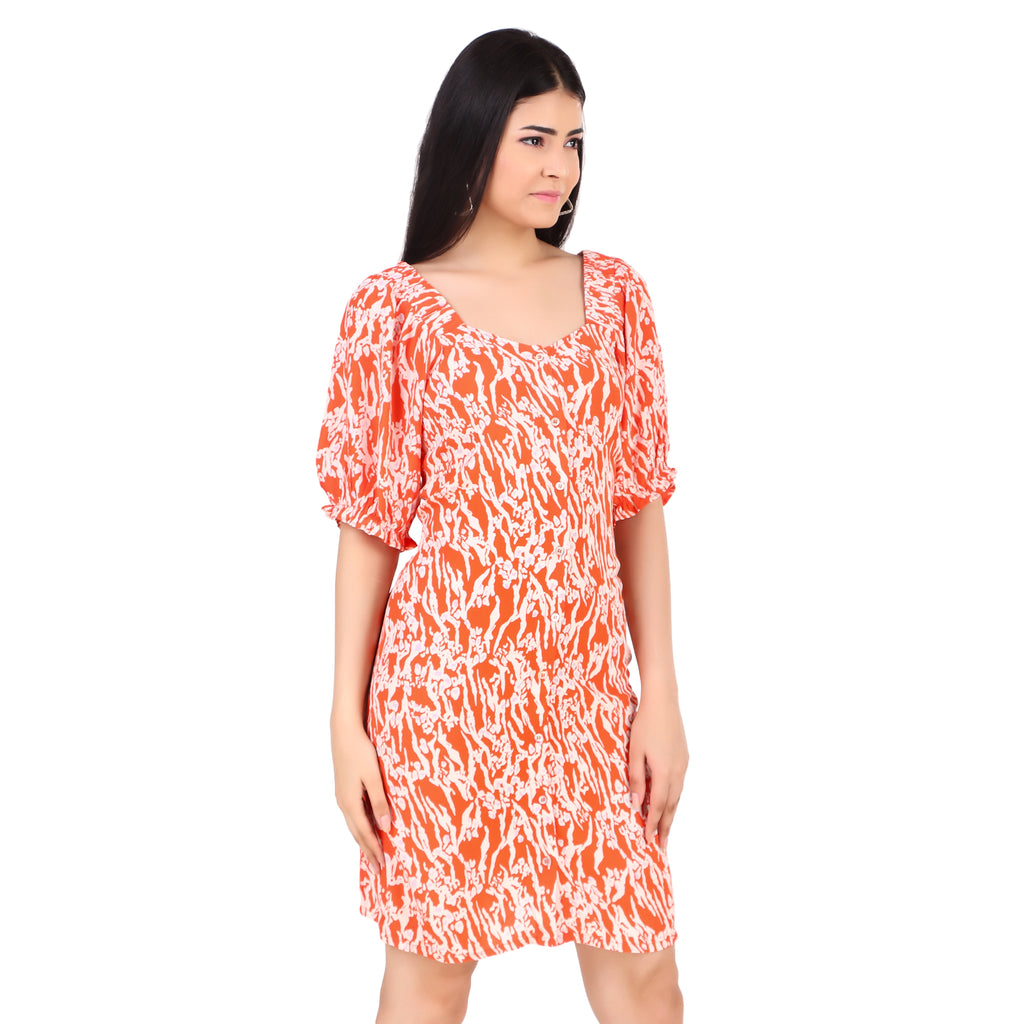 Orange Abstract Print Puff Sleeve Dress