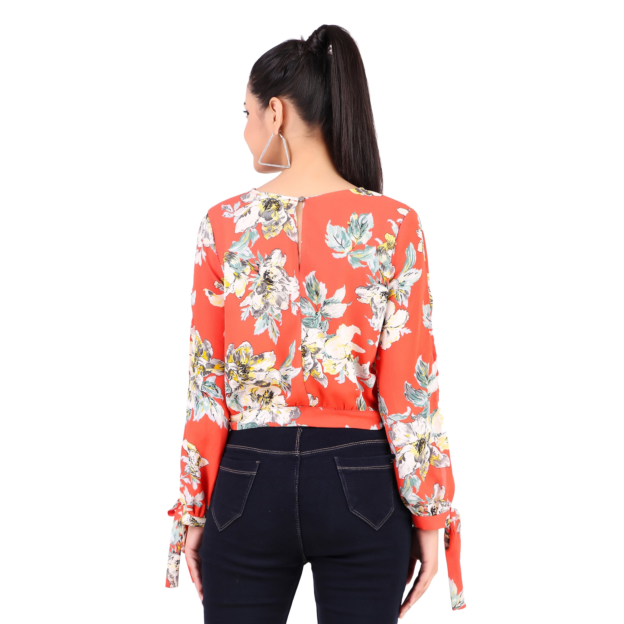 Coral Floral Tie-Sleeve Crop Blouse