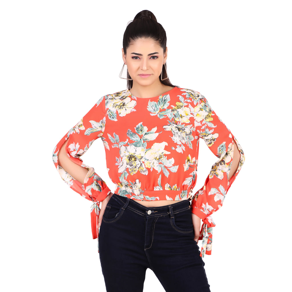 Coral Floral Tie-Sleeve Crop Blouse