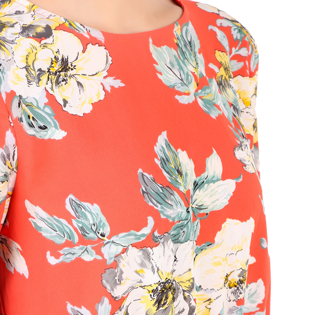 Coral Floral Tie-Sleeve Crop Blouse