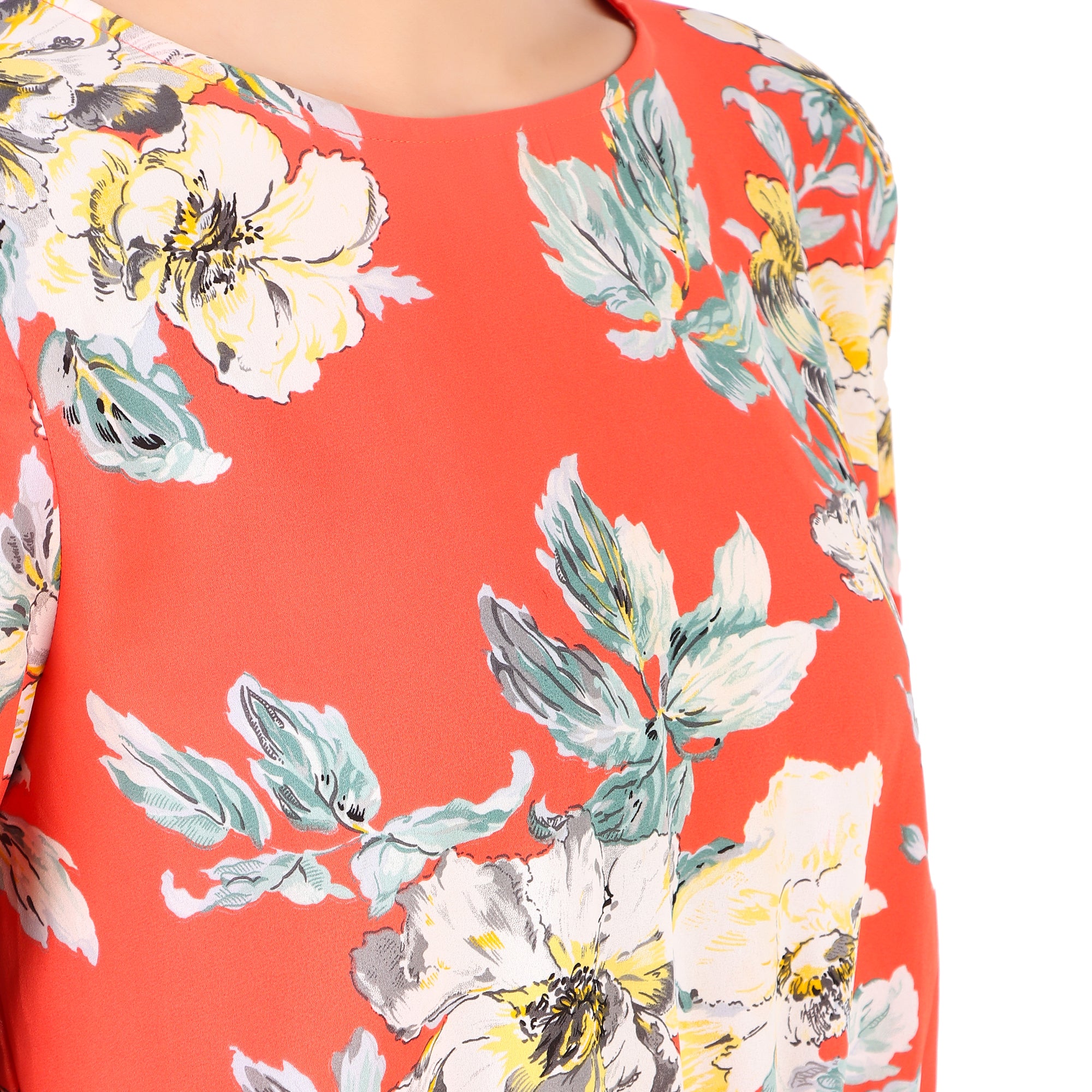 Coral Floral Tie-Sleeve Crop Blouse