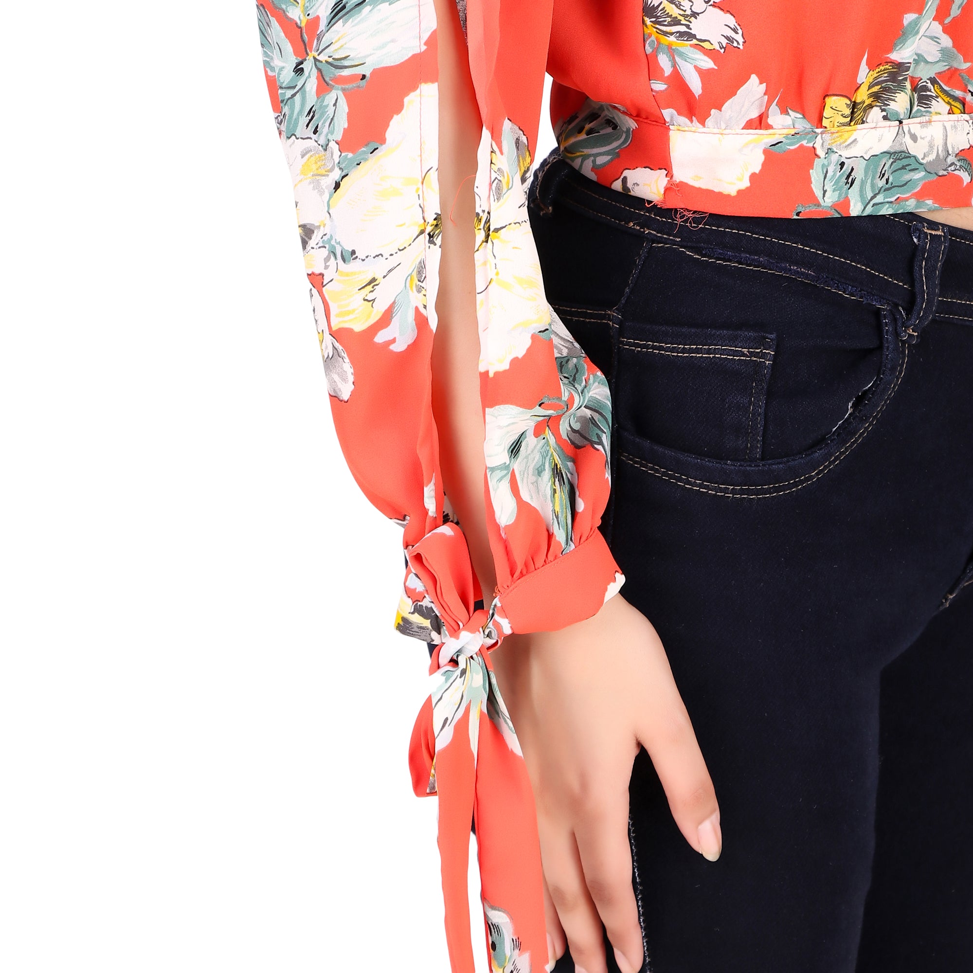 Coral Floral Tie-Sleeve Crop Blouse