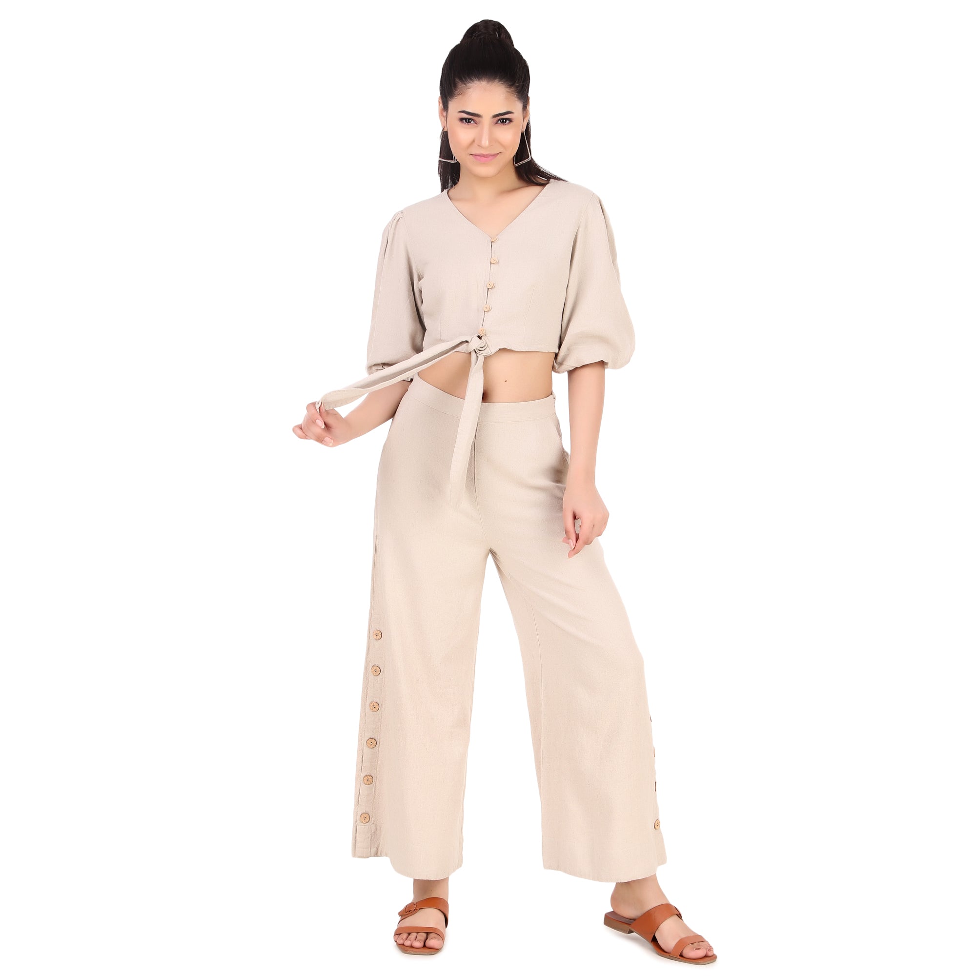 Beige Tie-Front Co-Ord Set