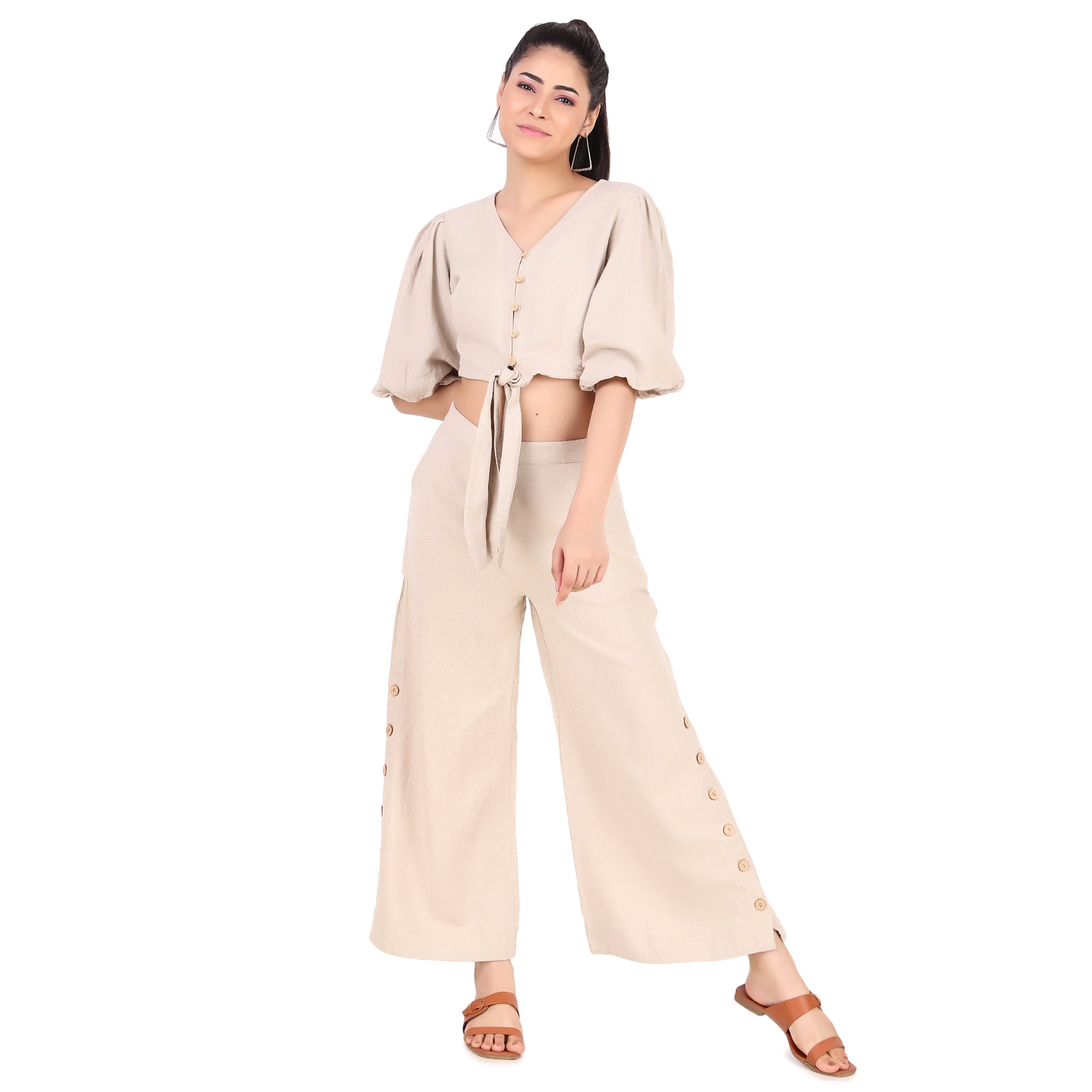 Beige Tie-Front Co-Ord Set