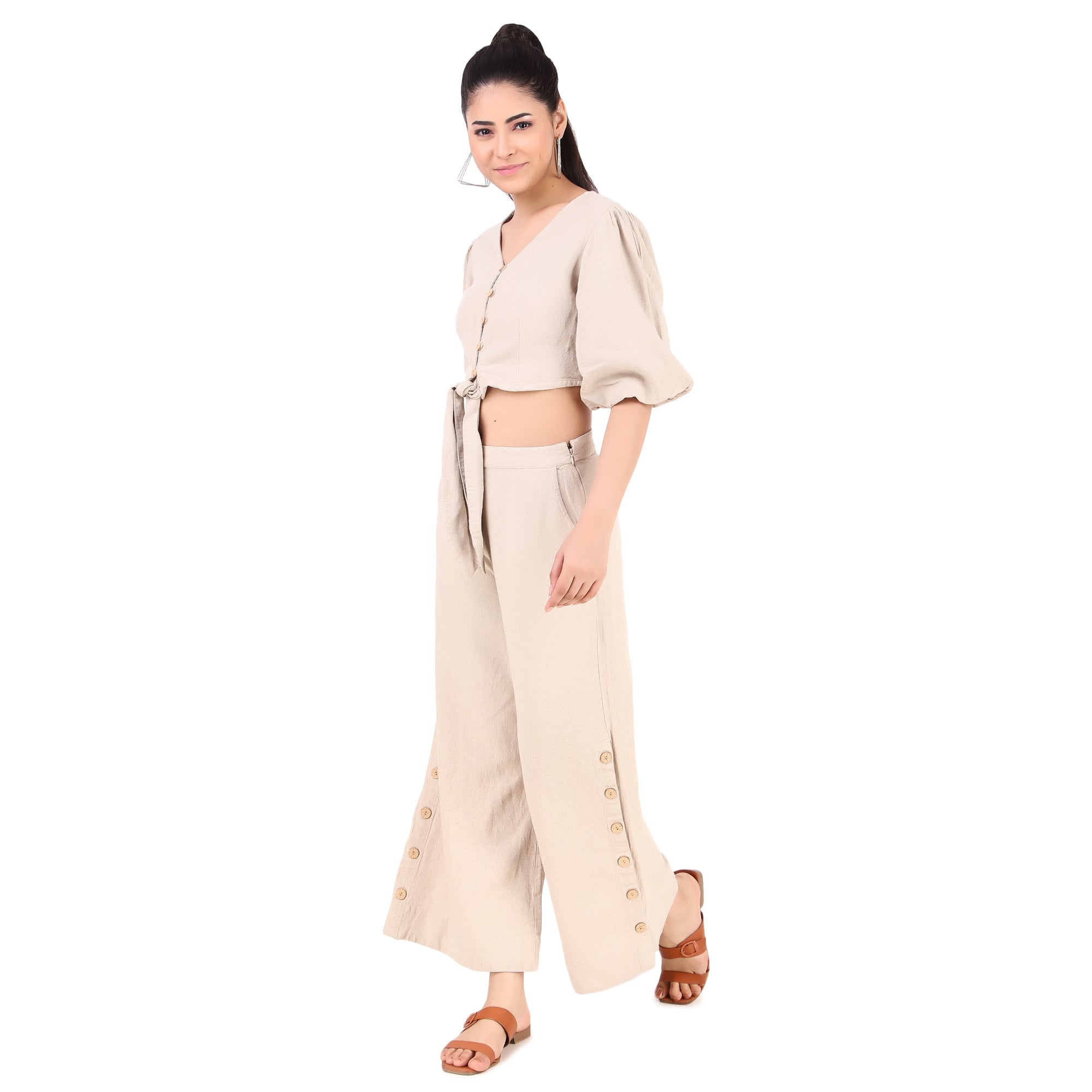 Beige Tie-Front Co-Ord Set