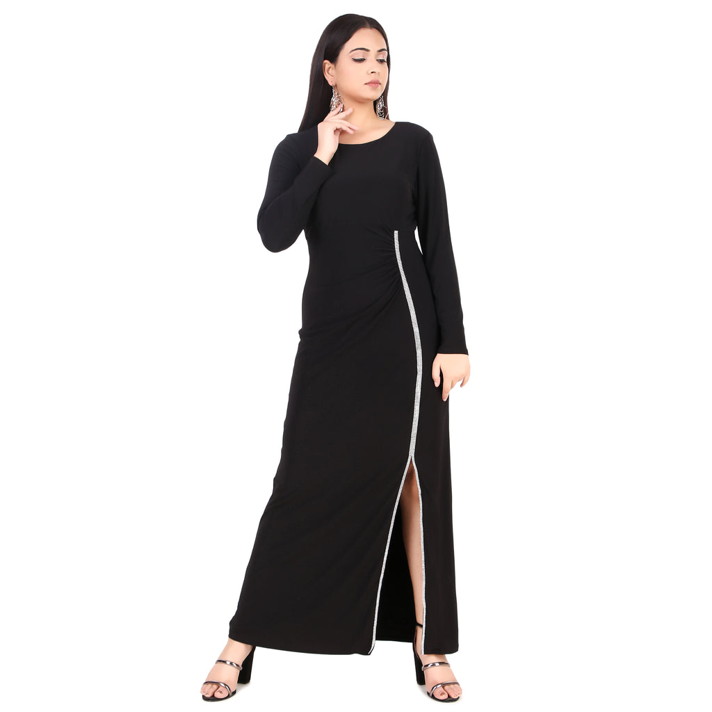 Black Rhinestone Slit Maxi Dress