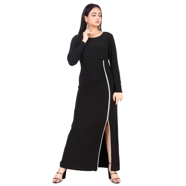 Black Rhinestone Slit Maxi Dress