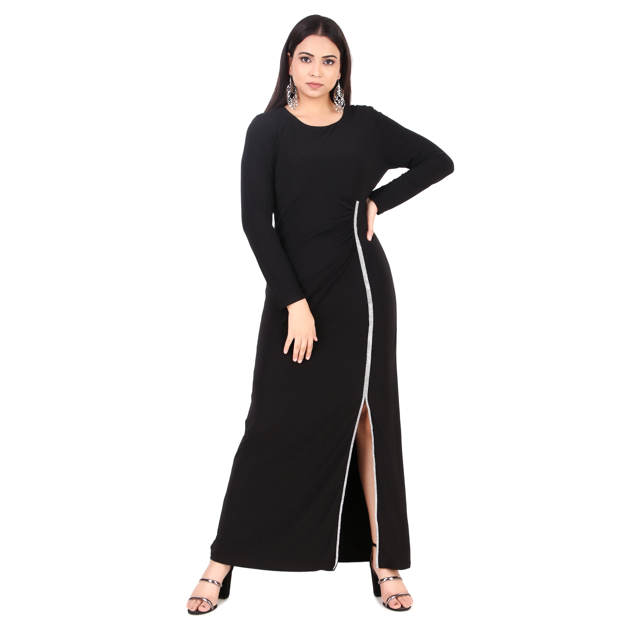Black Rhinestone Slit Maxi Dress