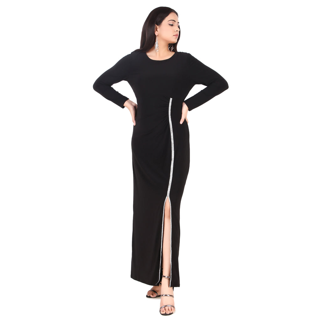 Black Rhinestone Slit Maxi Dress