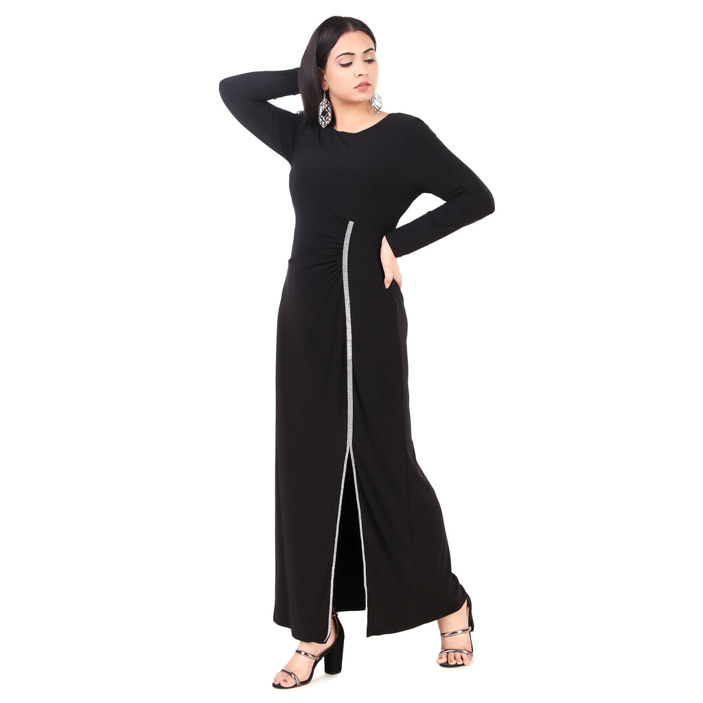 Black Rhinestone Slit Maxi Dress