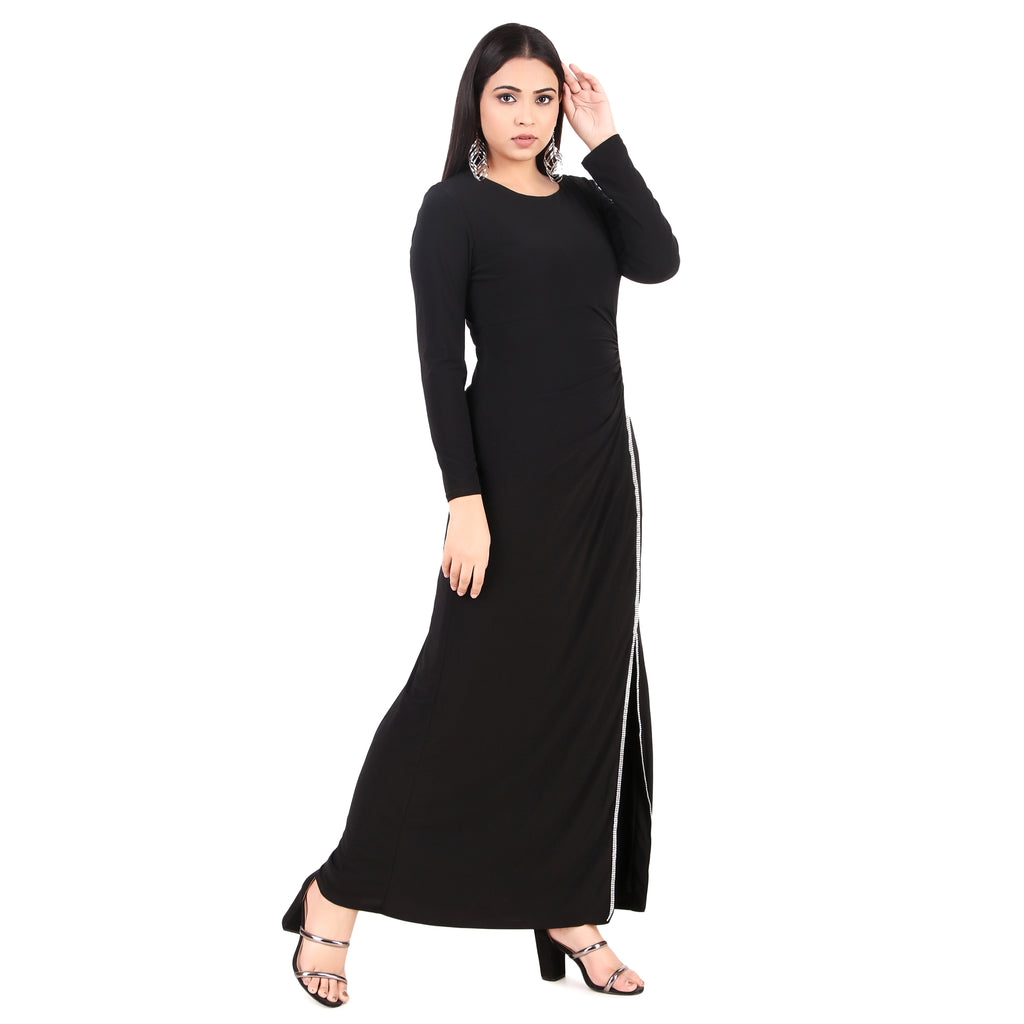 Black Rhinestone Slit Maxi Dress