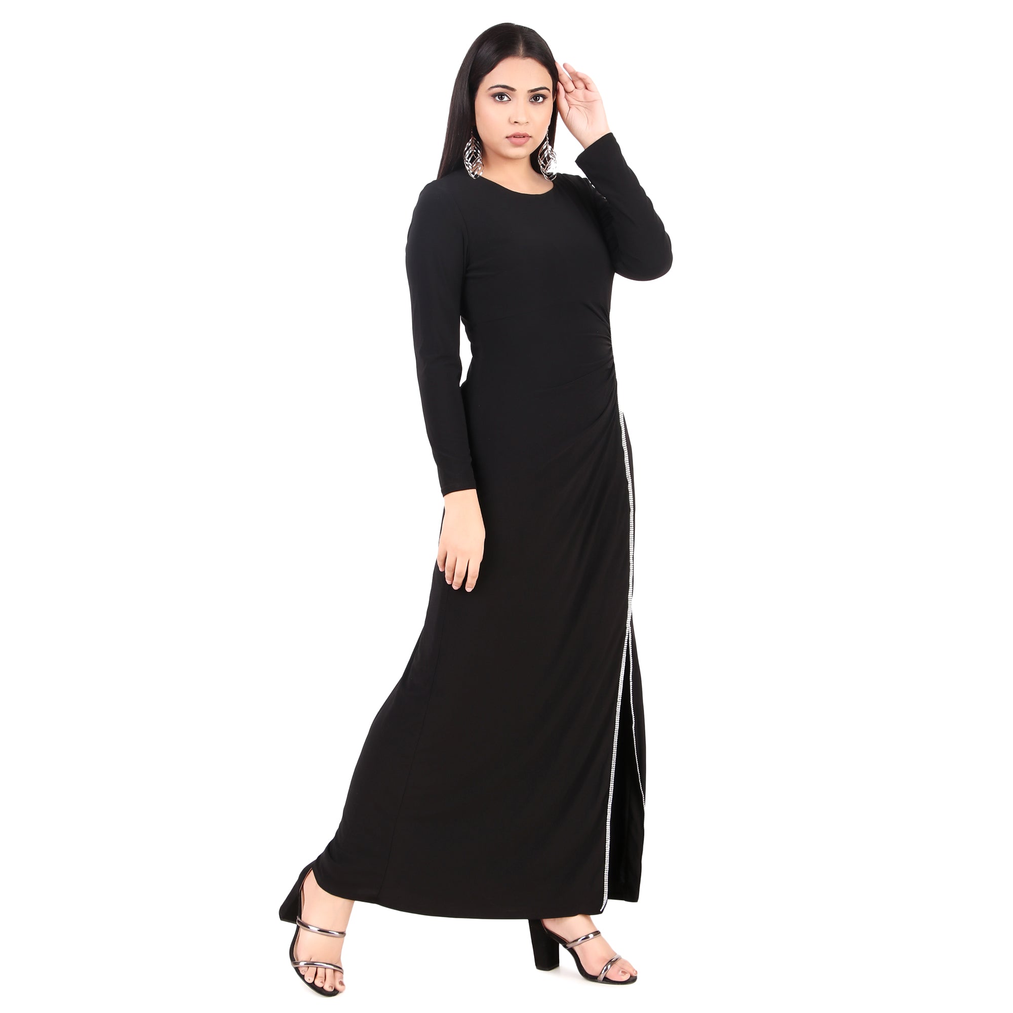 Black Rhinestone Slit Maxi Dress