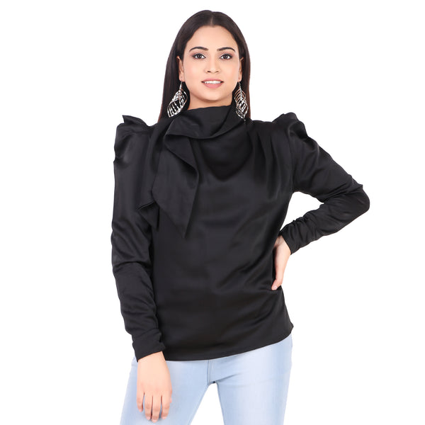 Black High-Neck Tie Detail Top