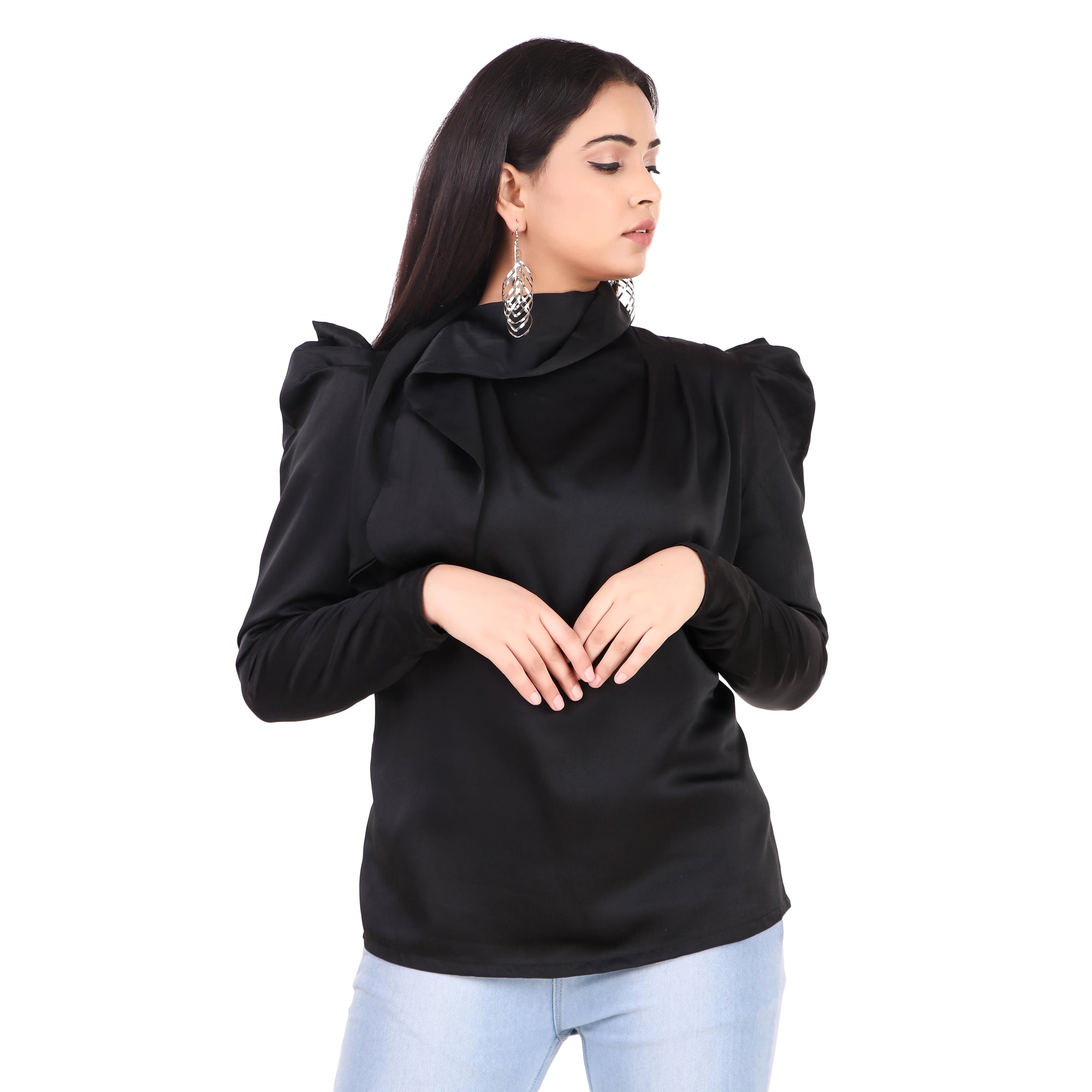 Black High-Neck Tie Detail Top