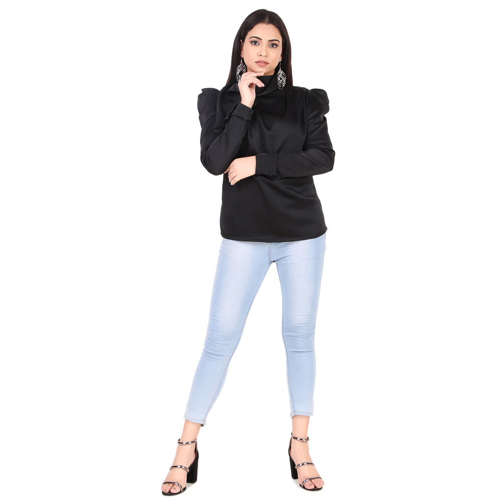 Black High-Neck Tie Detail Top