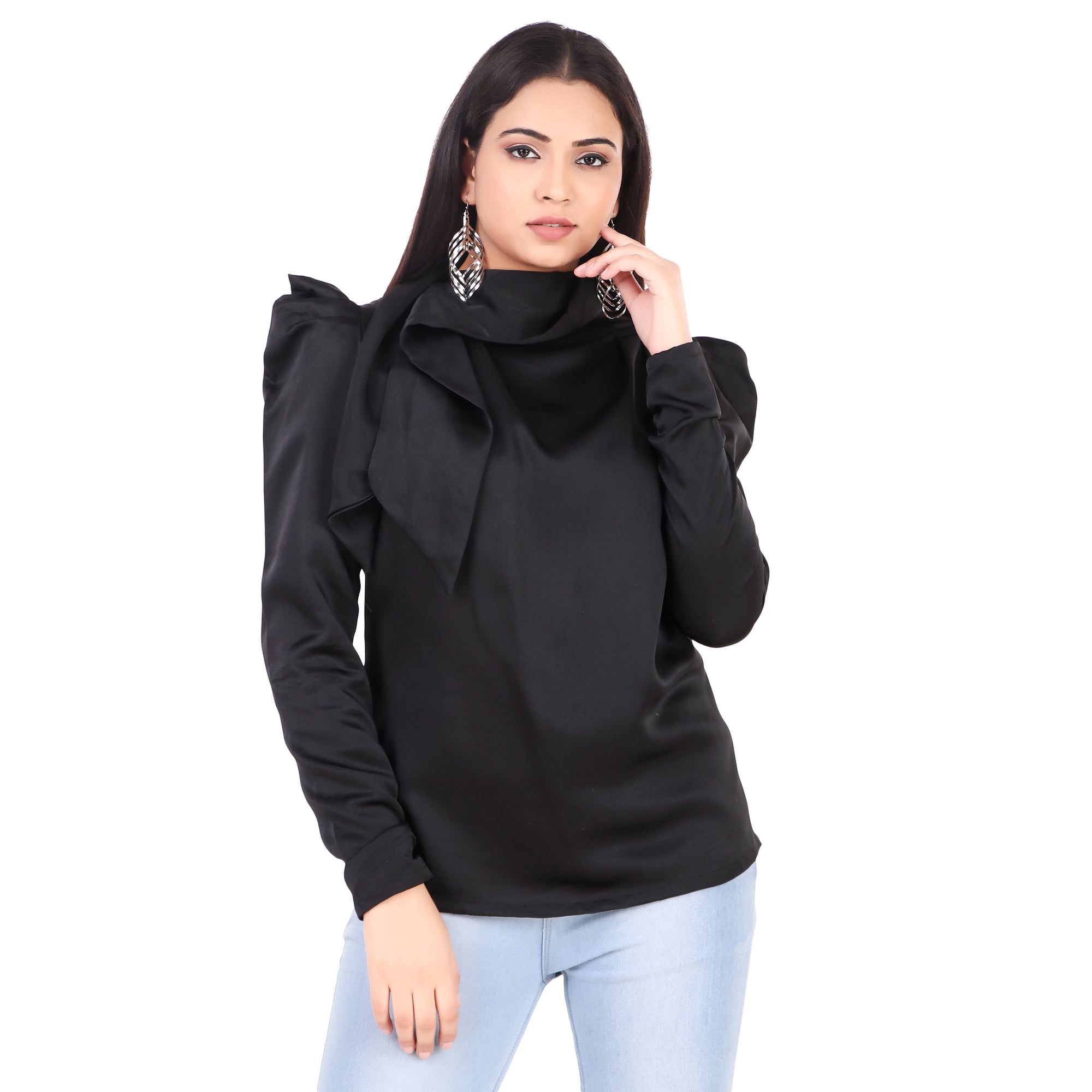 Black High-Neck Tie Detail Top