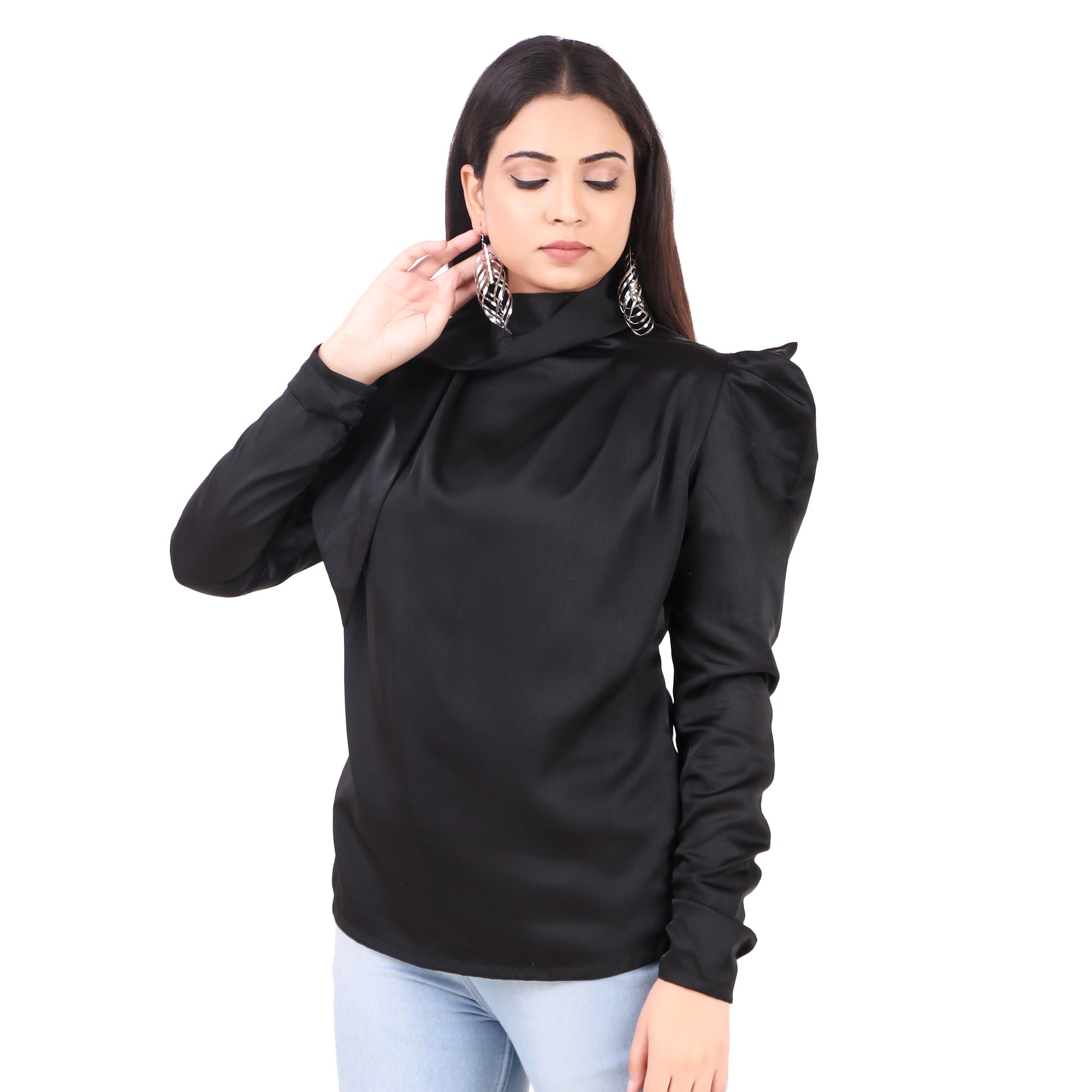 Black High-Neck Tie Detail Top