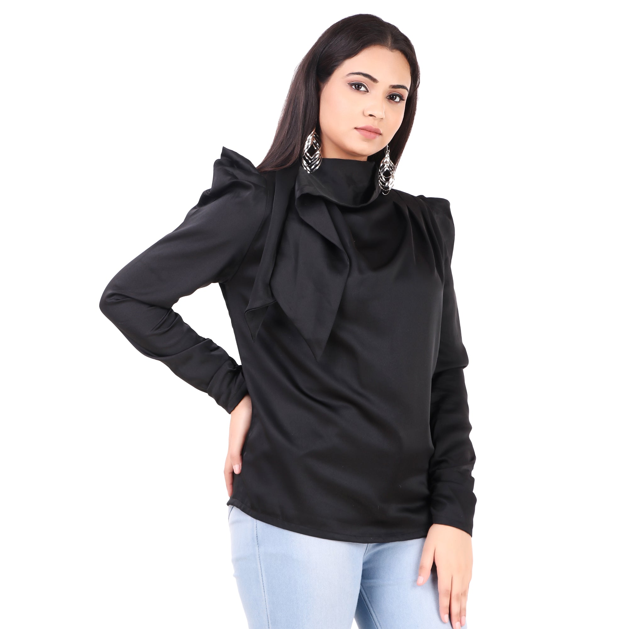 Black High-Neck Tie Detail Top