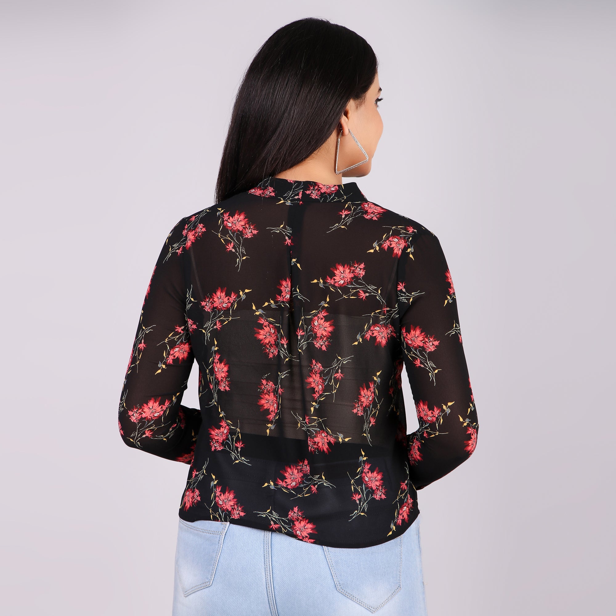 Black Floral Tie-Neck Top