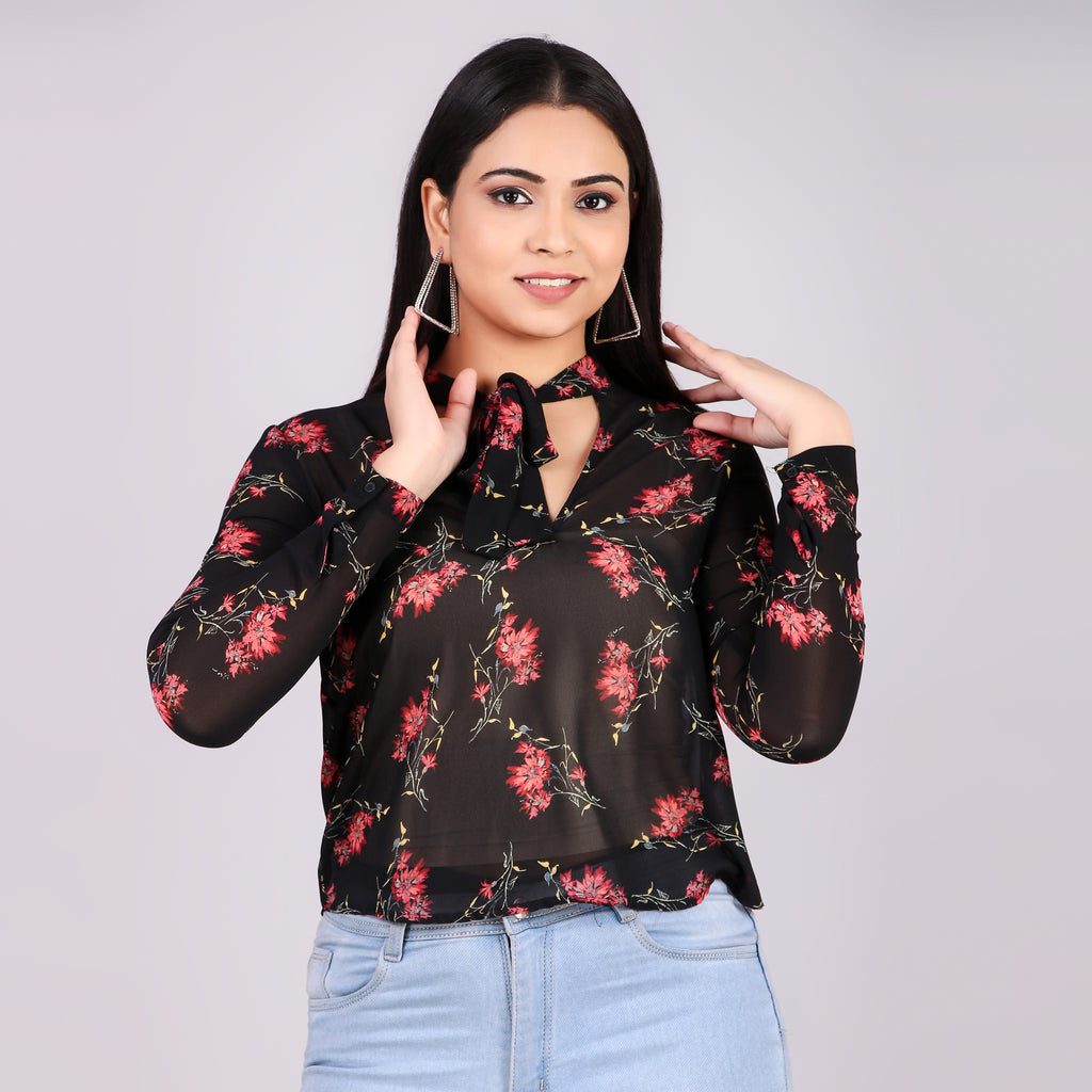 Black Floral Tie-Neck Top
