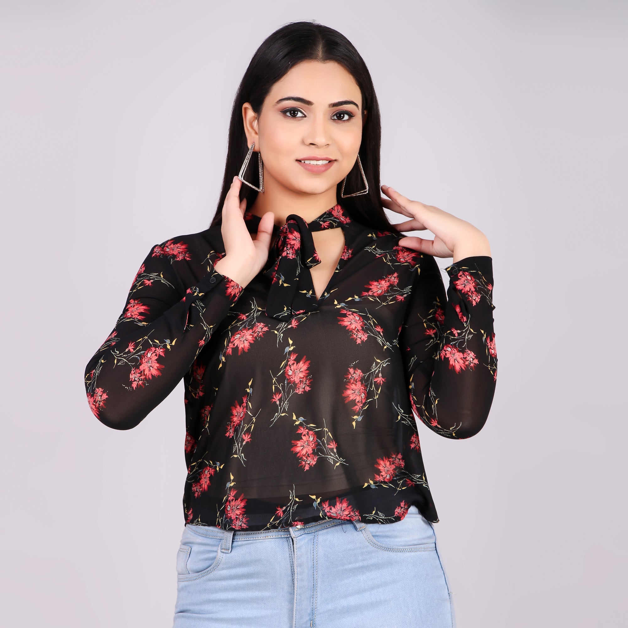 Black Floral Tie-Neck Top