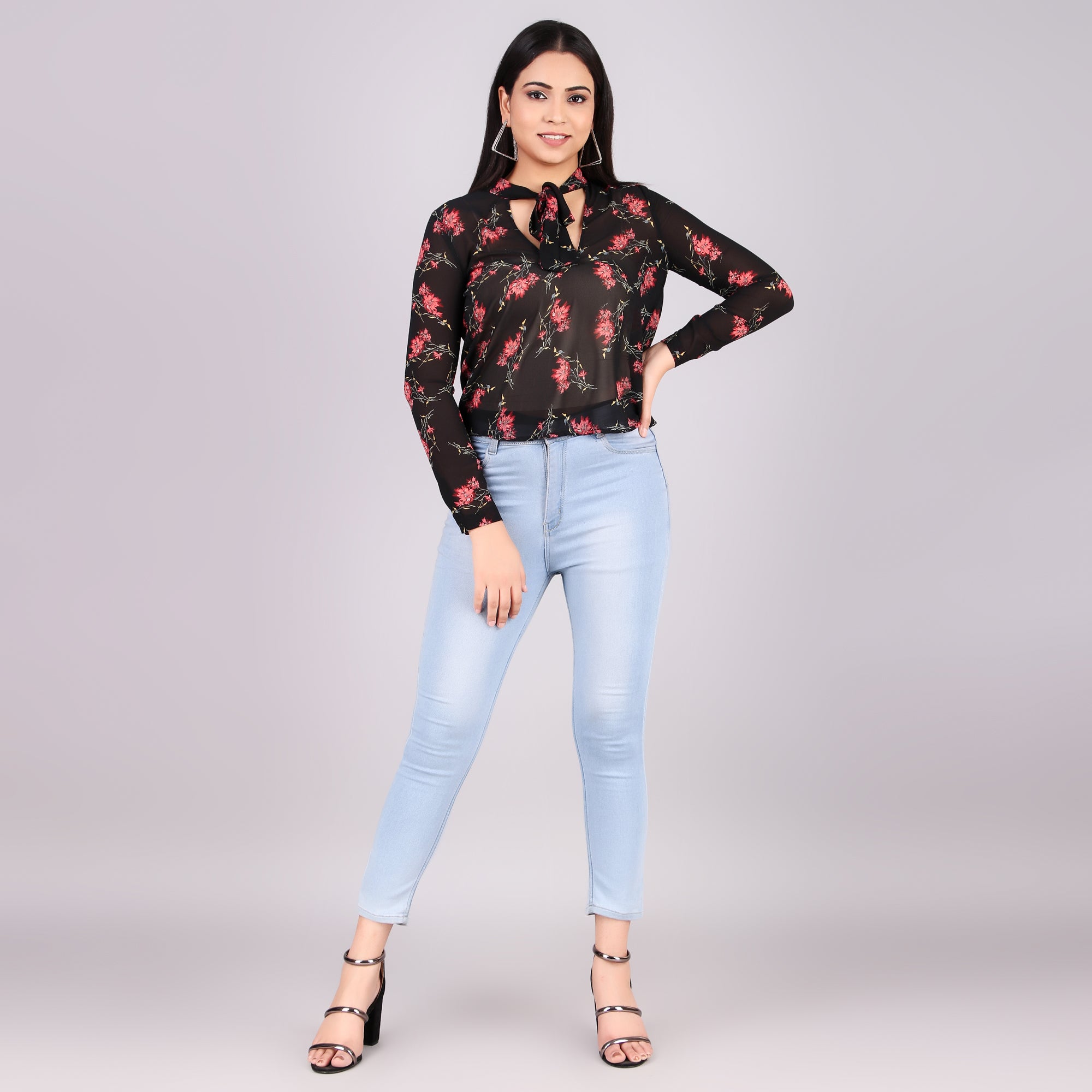 Black Floral Tie-Neck Top