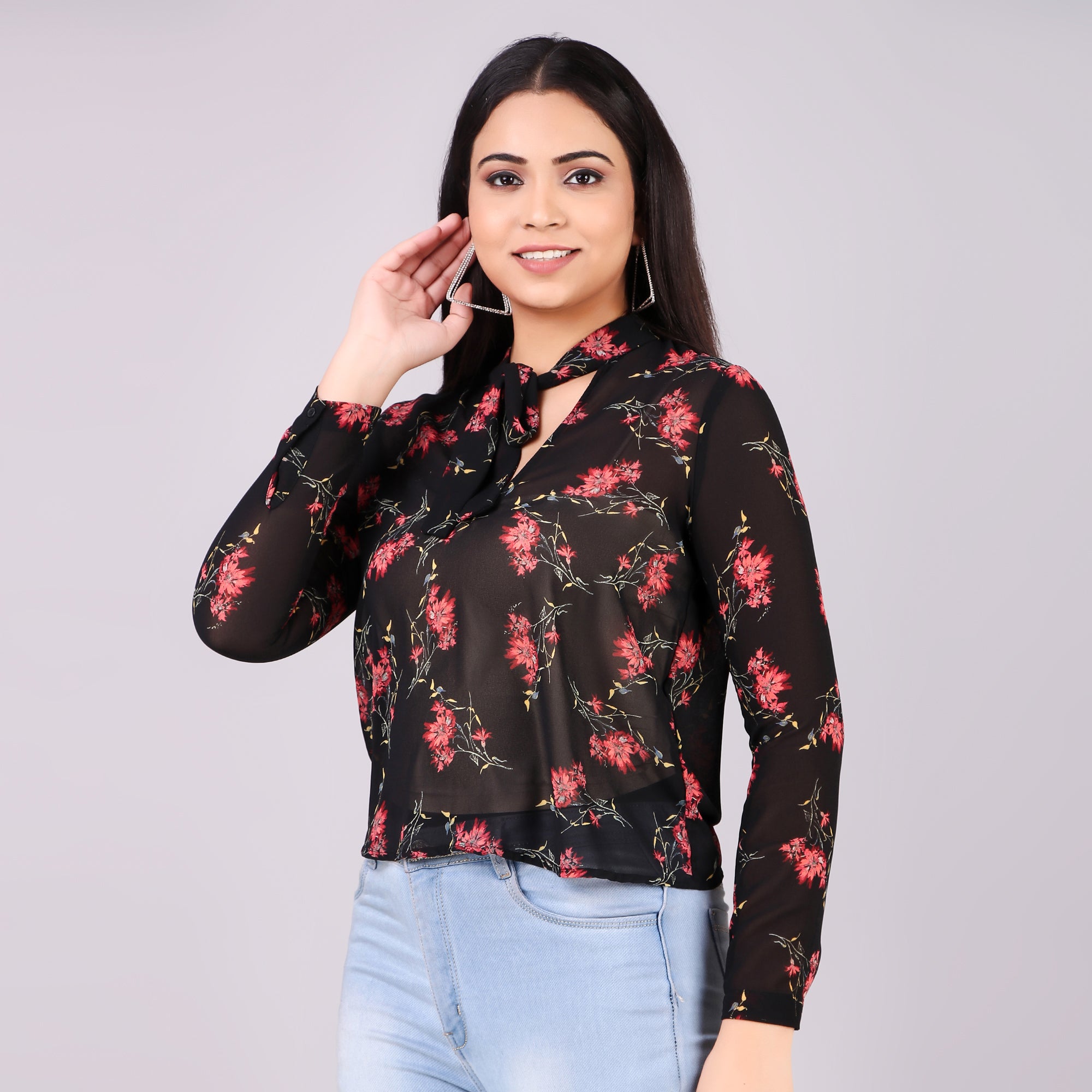 Black Floral Tie-Neck Top