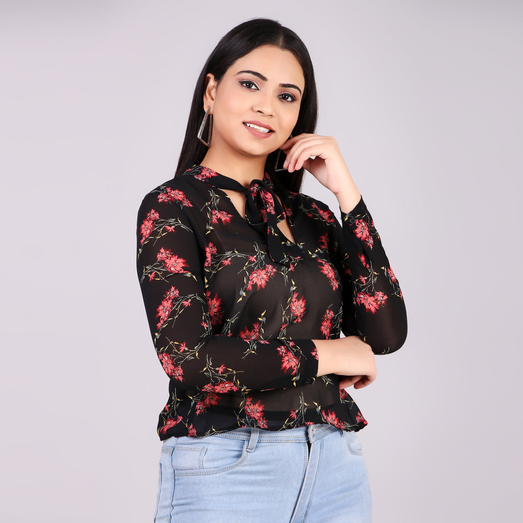 Black Floral Tie-Neck Top
