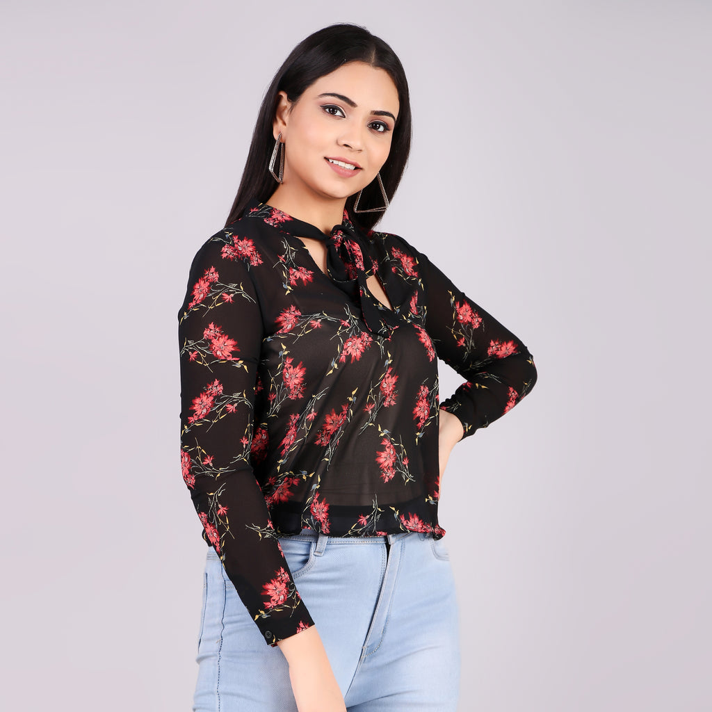 Black Floral Tie-Neck Top