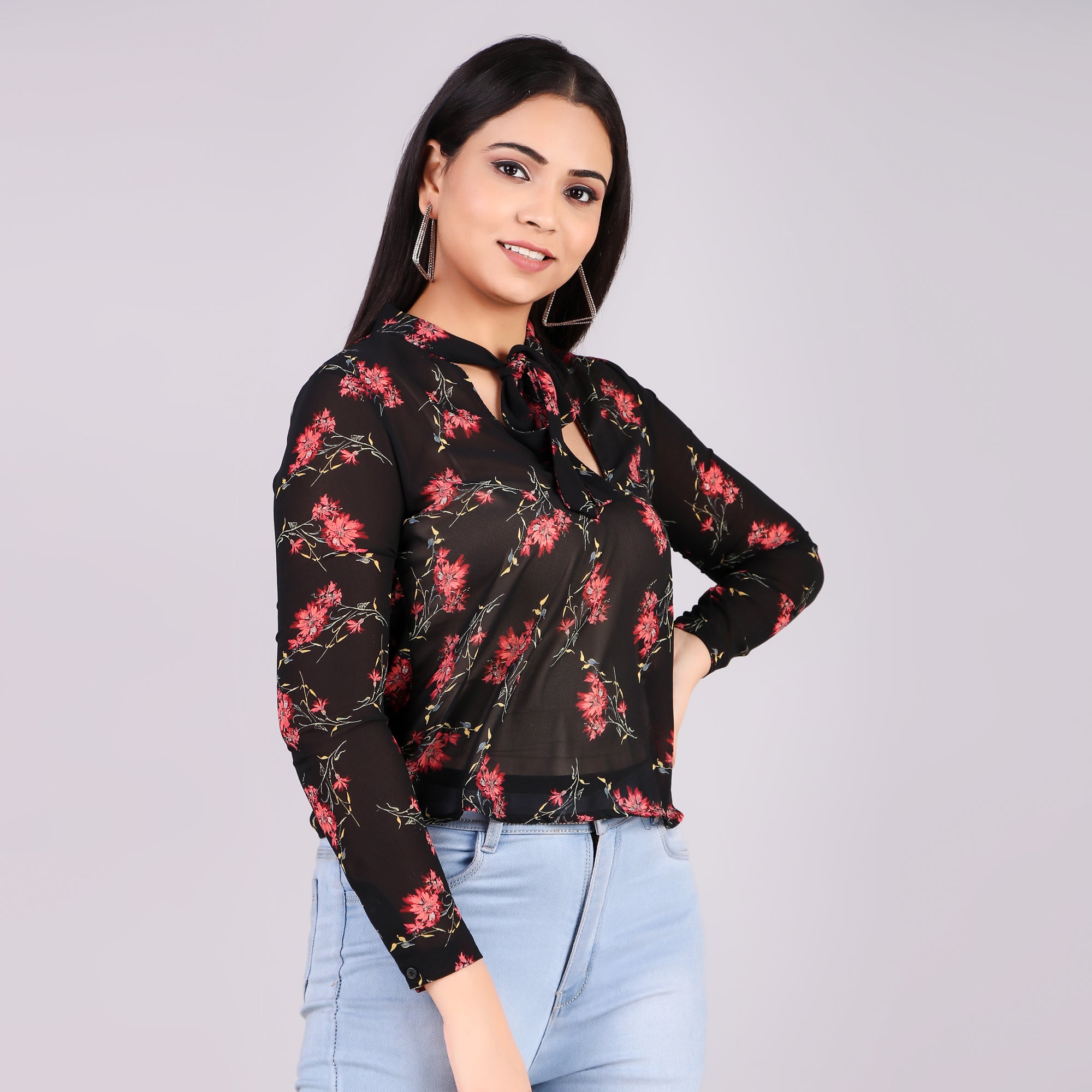 Black Floral Tie-Neck Top
