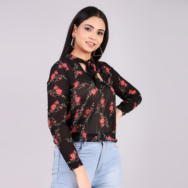 Black Floral Tie-Neck Top