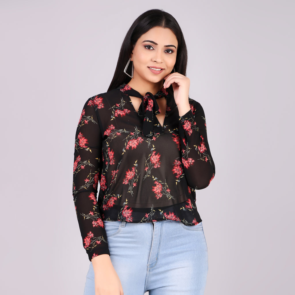 Black Floral Tie-Neck Top
