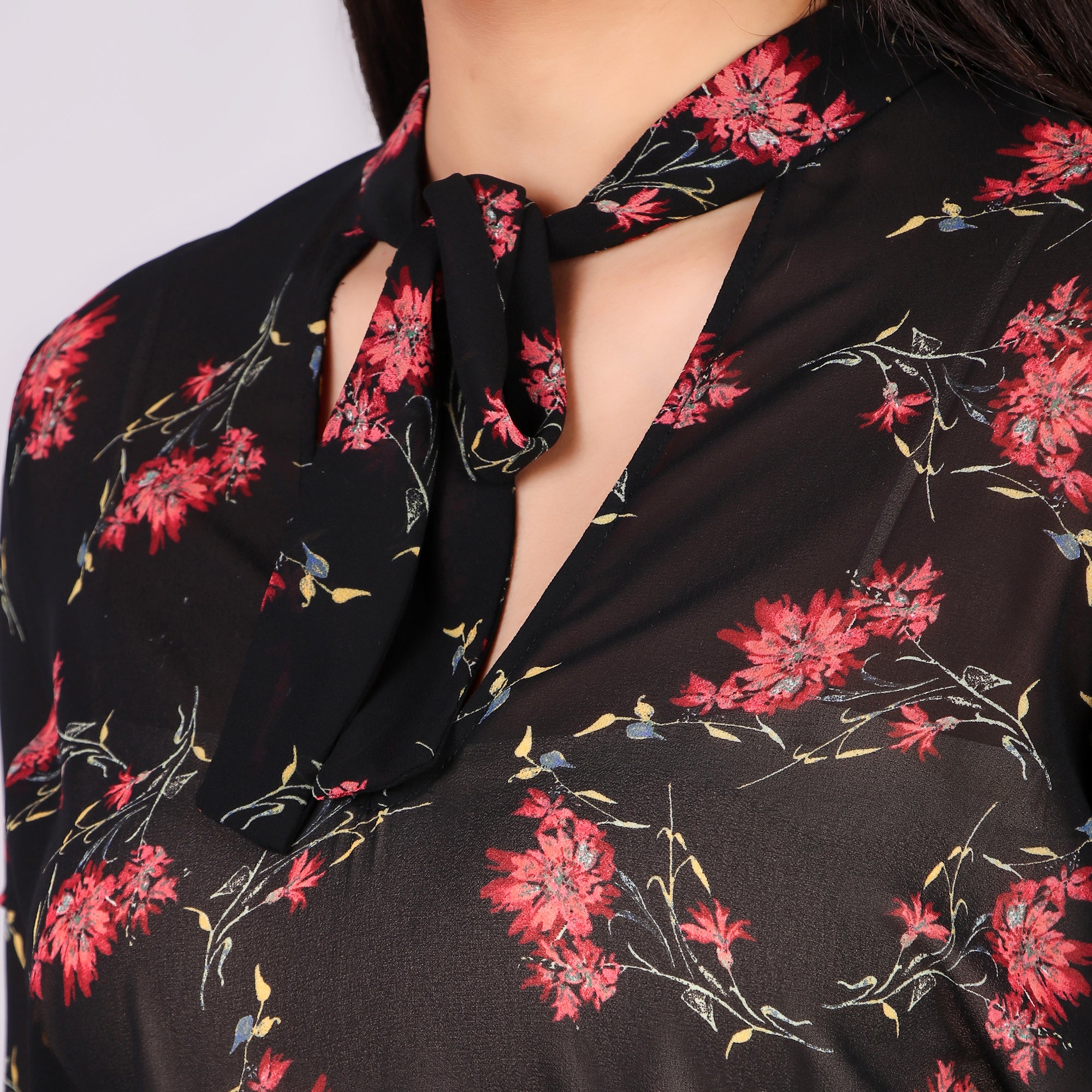 Black Floral Tie-Neck Top