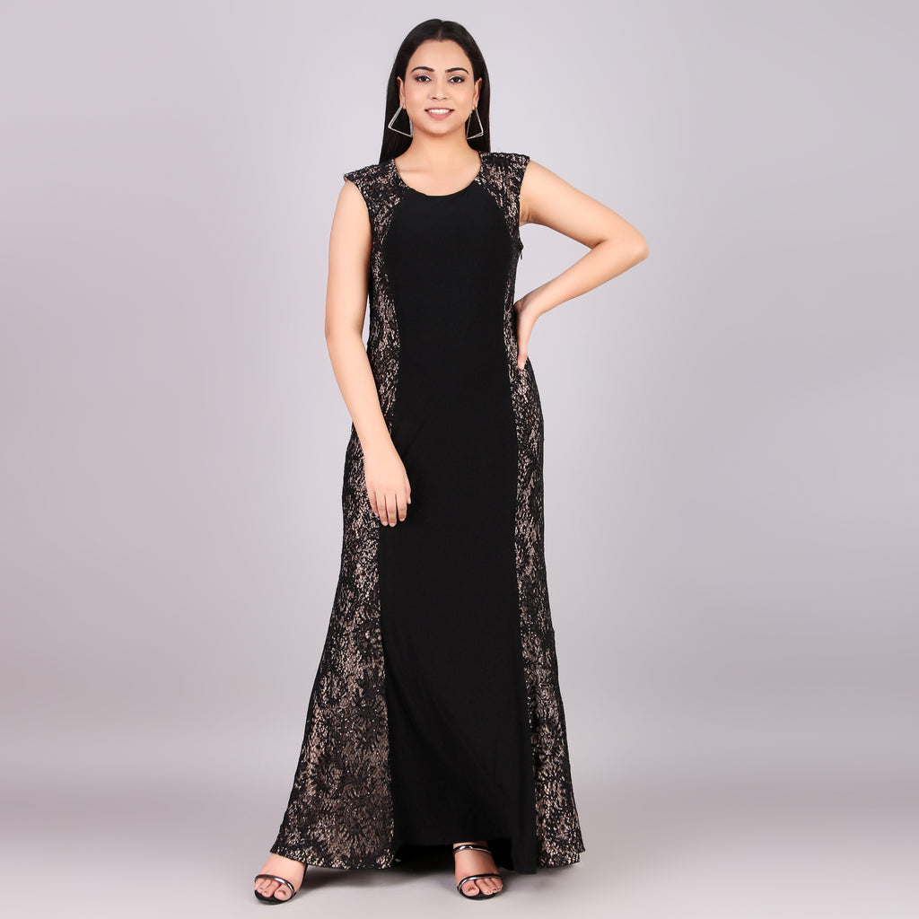 Black Lace Panel Maxi Evening Dress