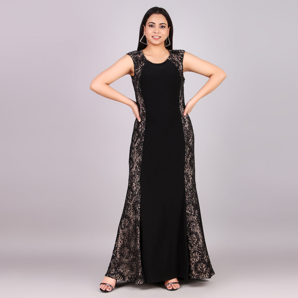 Black Lace Panel Maxi Evening Dress