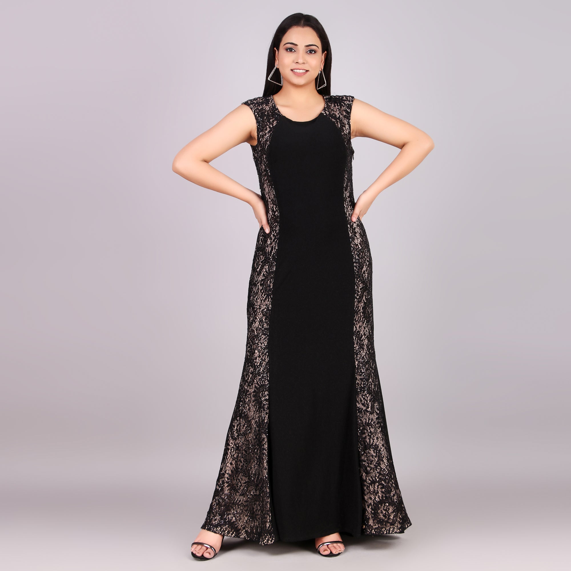 Black Lace Panel Maxi Evening Dress