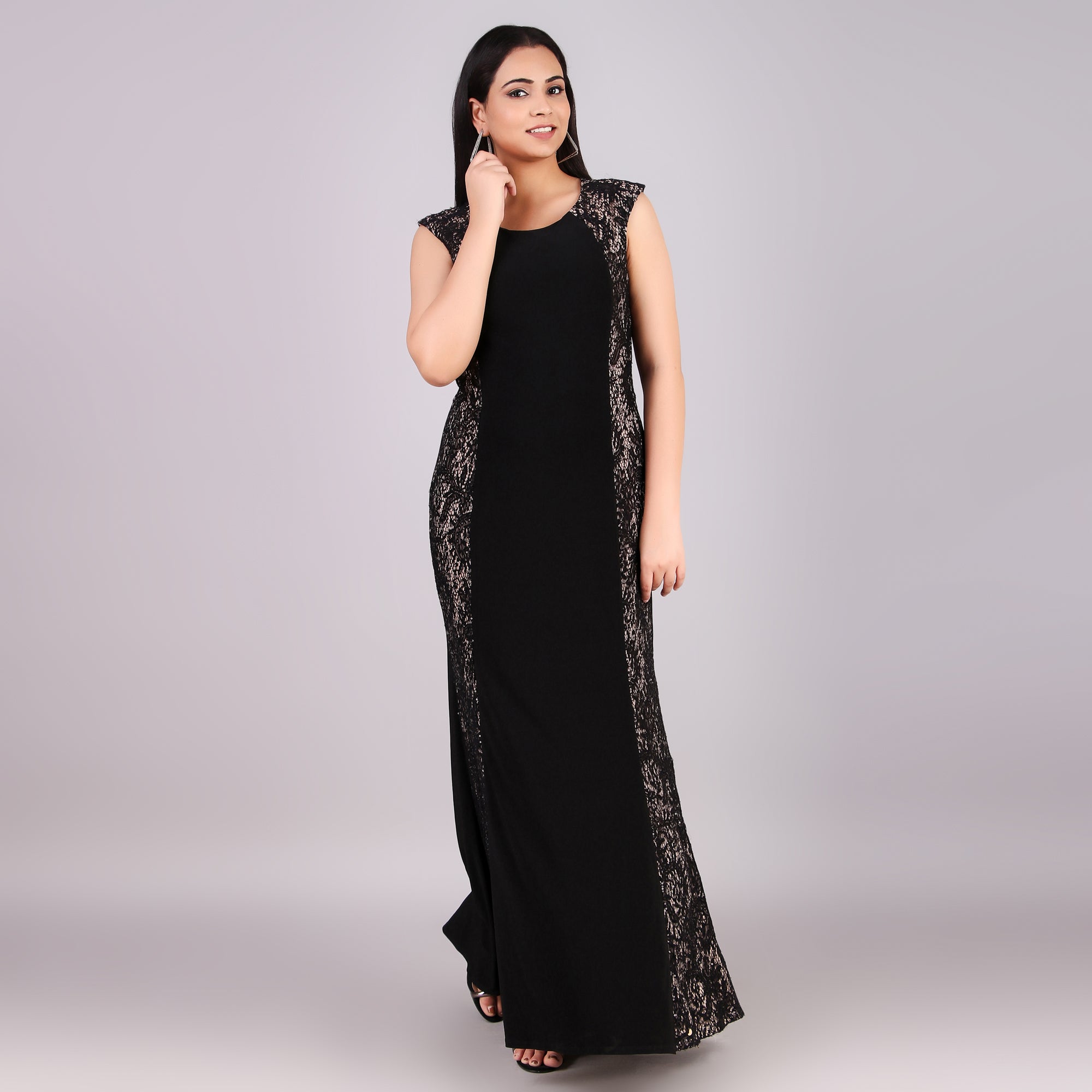 Black Lace Panel Maxi Evening Dress
