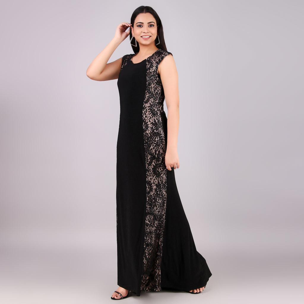 Black Lace Panel Maxi Evening Dress