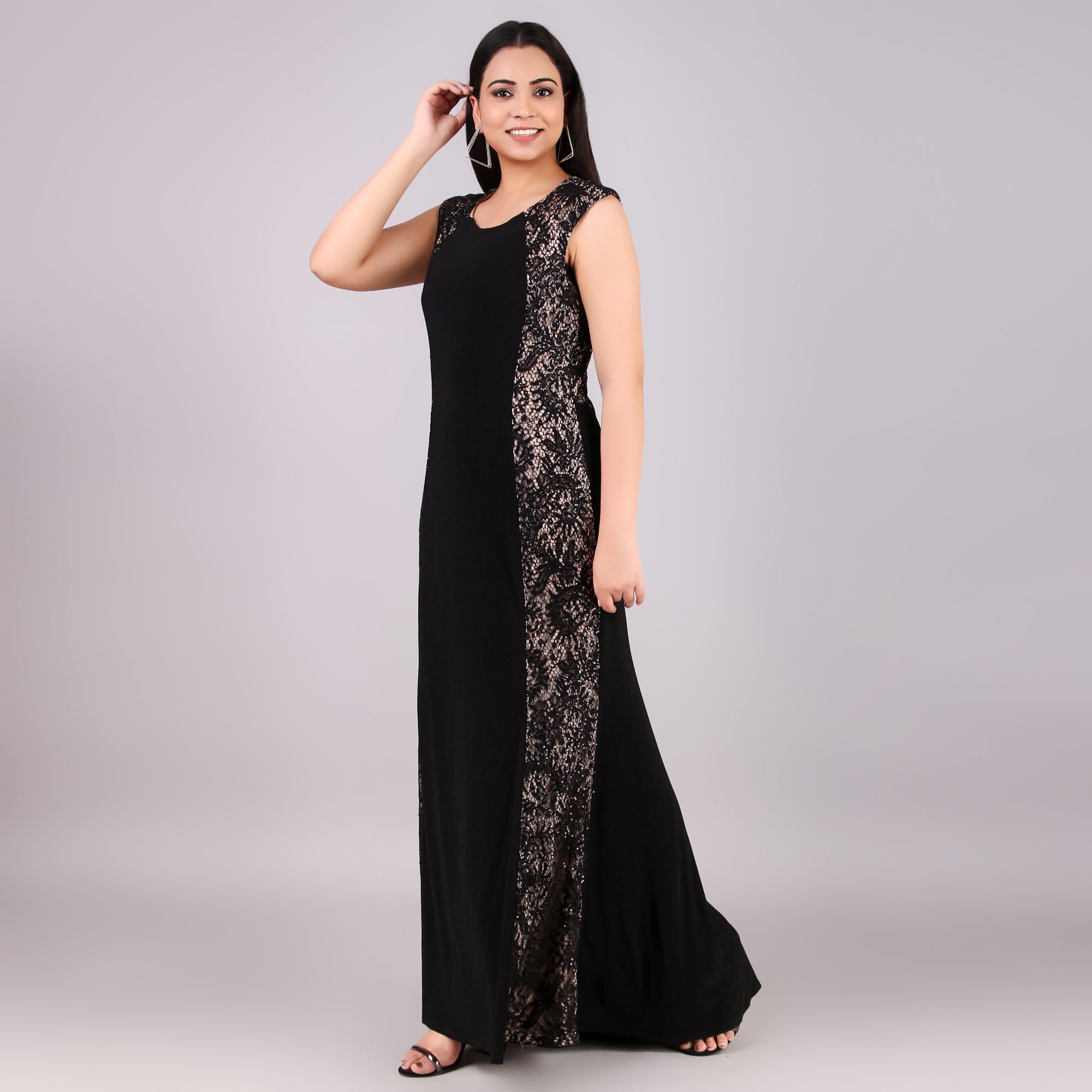 Black Lace Panel Maxi Evening Dress