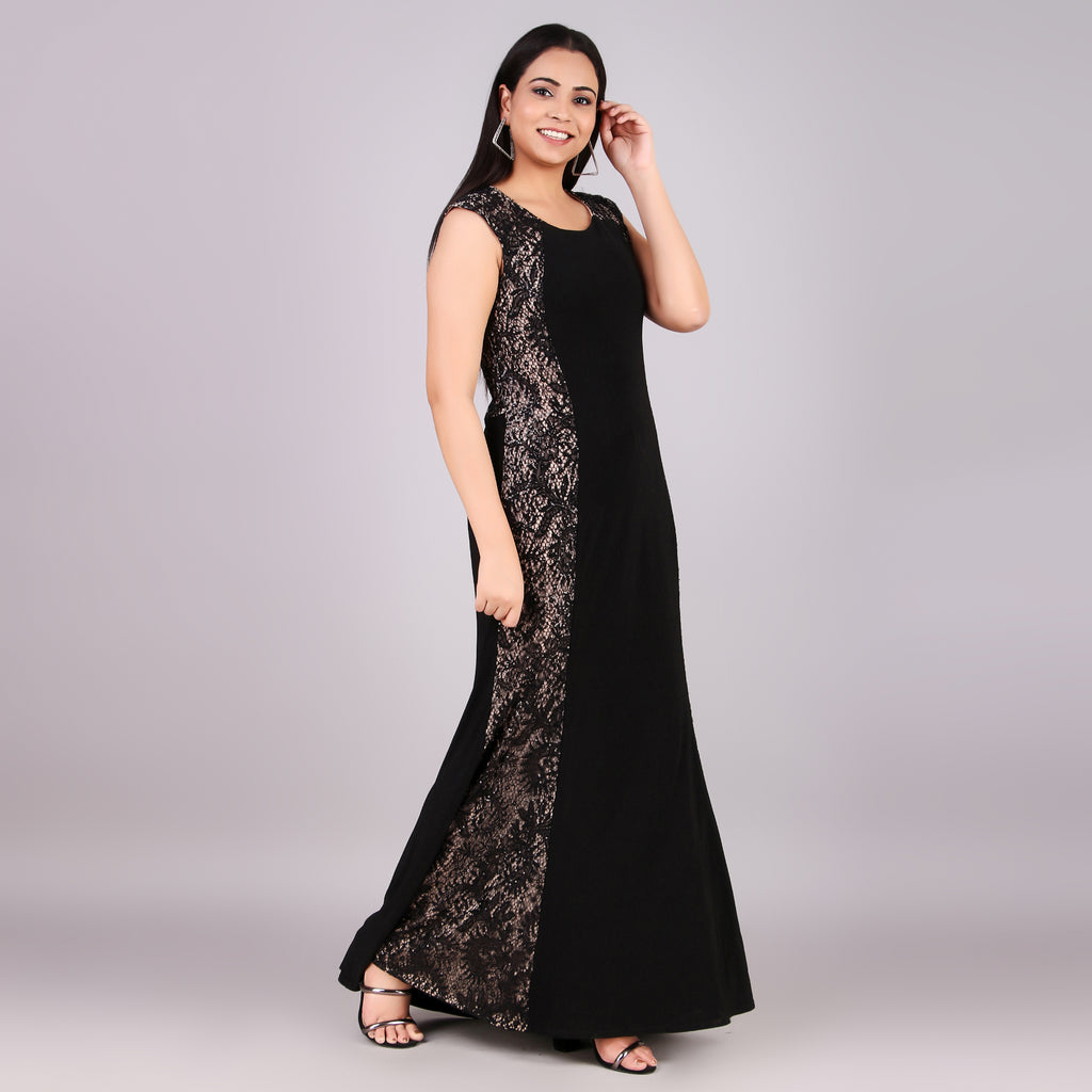 Black Lace Panel Maxi Evening Dress