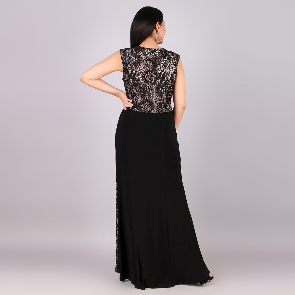 Black Lace Panel Maxi Evening Dress