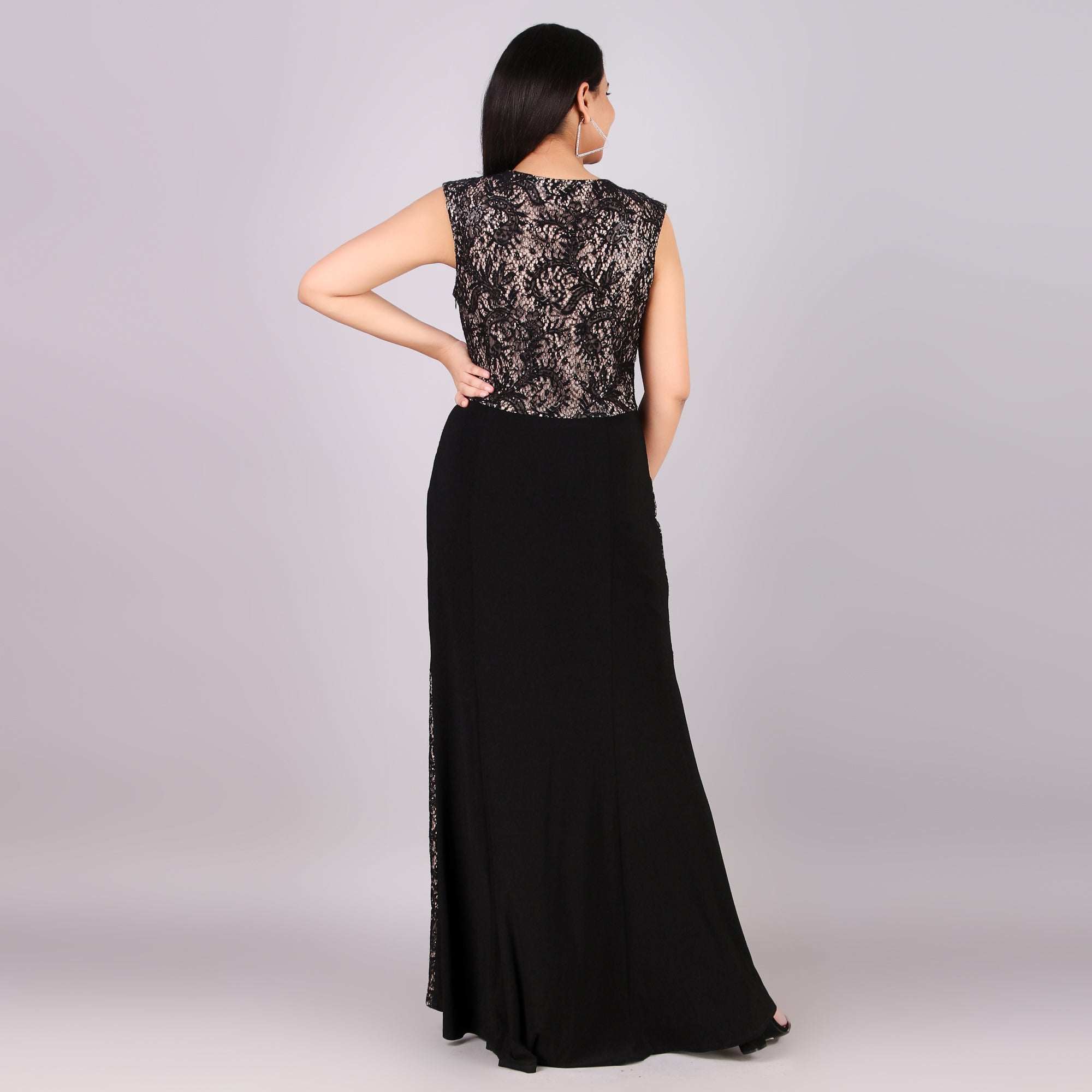 Black Lace Panel Maxi Evening Dress